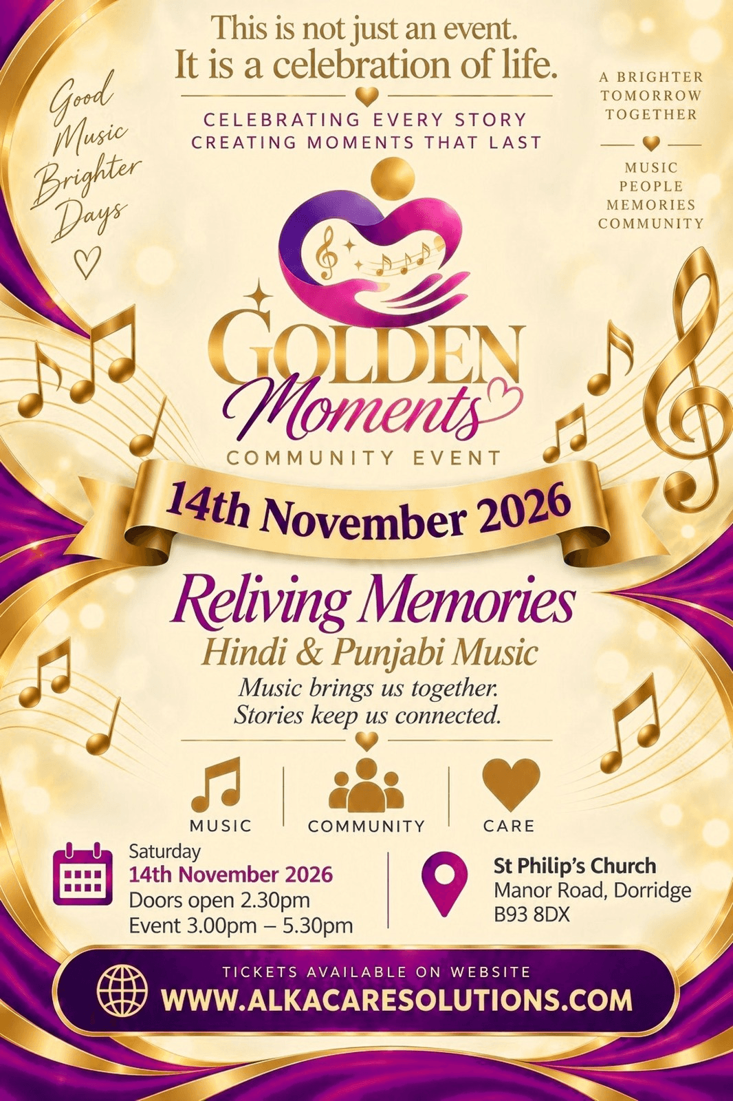 Golden Moments Indian Cultural Event leaflet for 14 November 2026